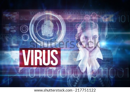 The word virus and redhead businesswoman looking unhappy against pink technology hand print interface design