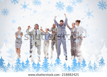 Very enthusiast people jumping and raising their arms against snowflakes and fir trees