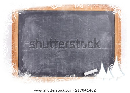 Composite image of frost frame against chalkboard with piece of chalk