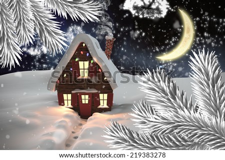 Composite image of christmas house against white fireworks exploding on black background