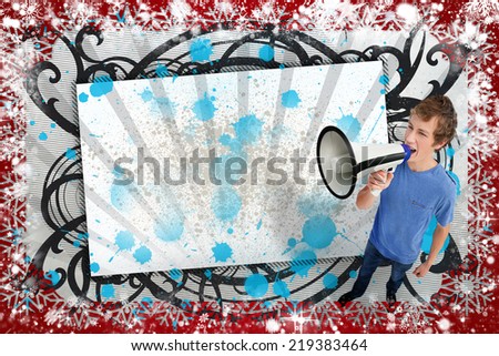 Blank screen with black artistic frame and young man shouting through megaphone against snow
