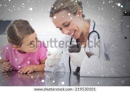 Composite image of vet giving cat medicine through mouth against snow