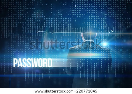 The word password and mature businessman holding an umbrella against blue technology interface with binary code