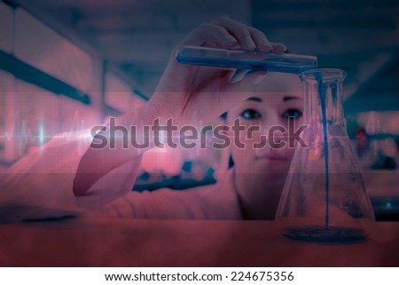 Scientist pouring a liquid in an Erlenmeyer flask with a test tube against ecg line in red and black