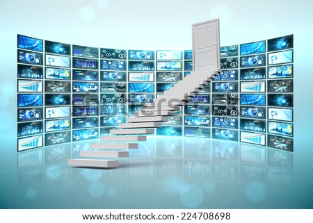 Stairs leading to door against screen collage showing business images