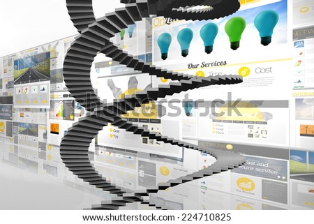 Winding stairs against screen collage showing business advertisement