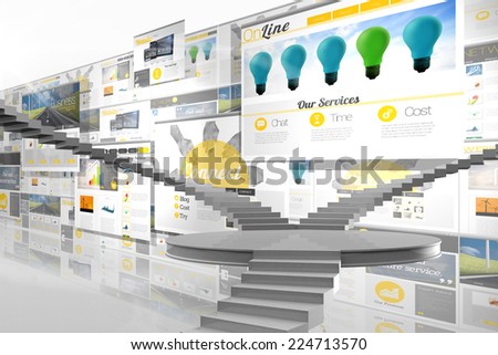 Winding stairs against screen collage showing business advertisement