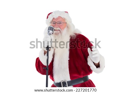 Santa Claus is singing Christmas songs on white background