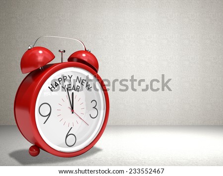 Happy new year in red alarm clock against grey room