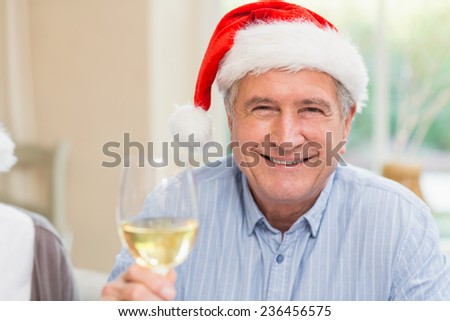 Smiling mature man in santa hat toasting with white wine at home in the living room