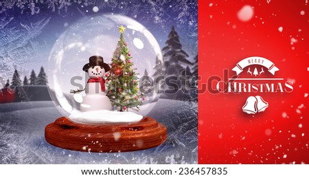 Snow falling against christmas tree and snowman in snow globe