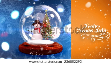 Snow falling against christmas tree and snowman in snow globe