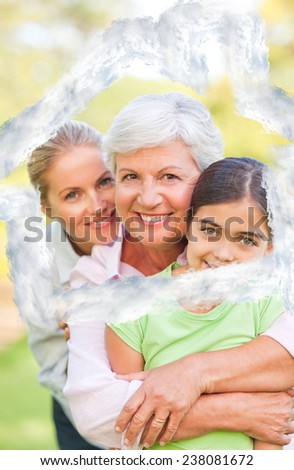 Adorable family in the park against house outline in clouds
