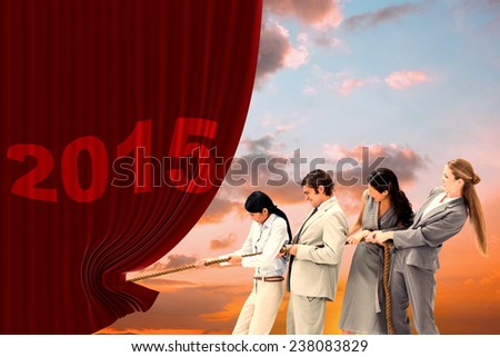 Boss pulling a rope against his employees against orange and blue sky with clouds