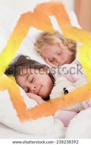 Portrait of siblings sleeping against house outline in clouds