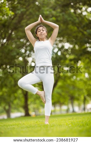 Full length of fit young woman standing in tree pose in the park