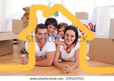 Happy family after buying new house against house outline