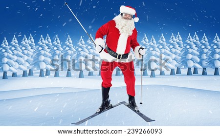 Portrait of happy santa claus skiing against snowy landscape with fir trees