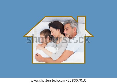 Cute family sleeping together in bed against blue background with vignette
