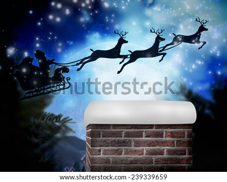 Composite image of santa flying his sleigh against christmas village under full moon
