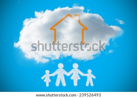 Cloud in shape of family against blue background with vignette
