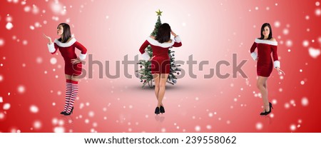 Composite image of different pretty girls in santa outfit against white light dots on red