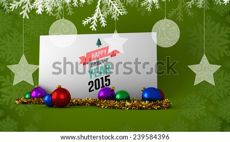 Happy new year against poster with baubles