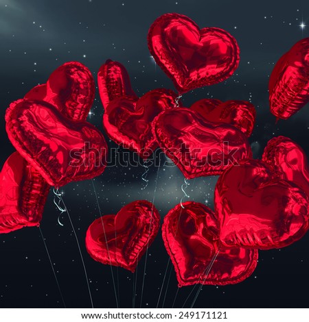 Heart balloons against stars twinkling in night sky