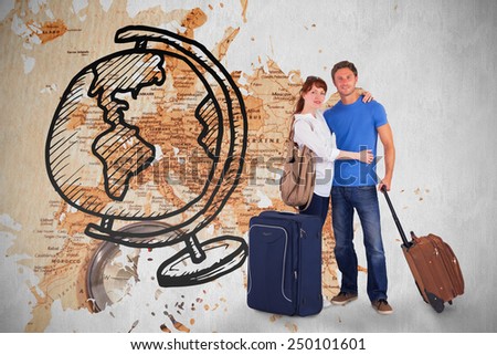 Happy couple going on holiday against world map with compass showing southern asia