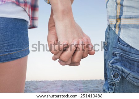 Couple in check shirts and denim holding hands against horizon over the sand