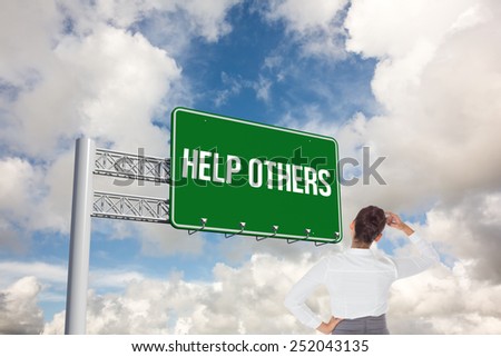 The word help others and businesswoman scratching her head against blue sky with white clouds