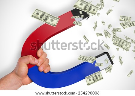 Composite image of magnet attracting dollars on white background