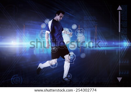 Football player in blue kicking against shiny arrow lines on black background