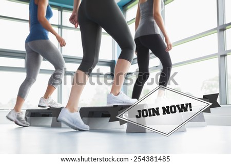 The word join now! and three women doing aerobics against badge