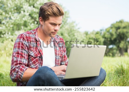 Man with laptop in park on a sunny day