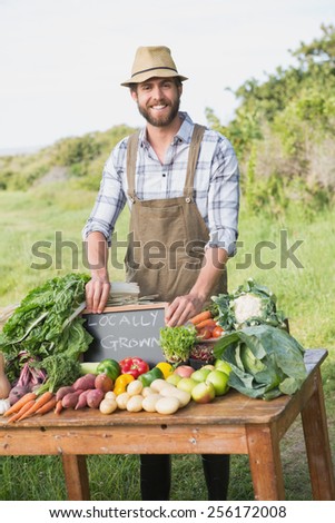 Farmer by his stall at the market on a sunny day