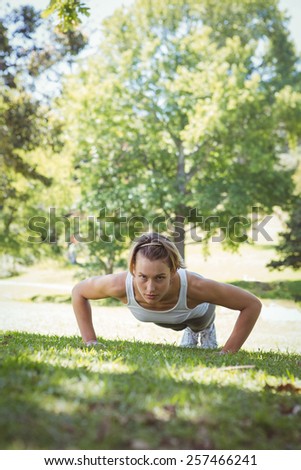 Fit woman in plank position on a sunny day