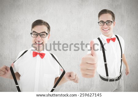 Nerd showing thumbs up against white and grey background