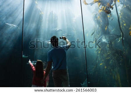 Father and daughter looking at fish tank at the aquarium