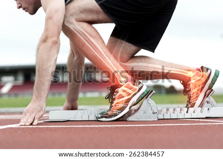 Digital composite of Highlighted bones of man about to race