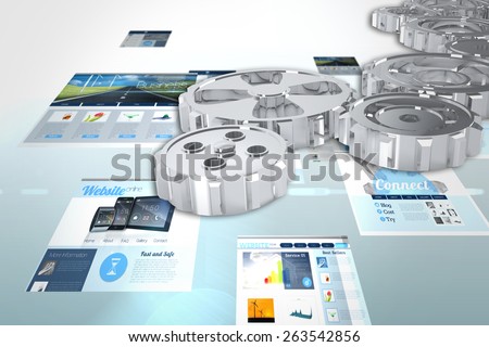 cogs and wheels against screen collage showing business advertisement