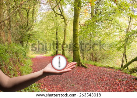 Hand showing against peaceful autumn scene in forest