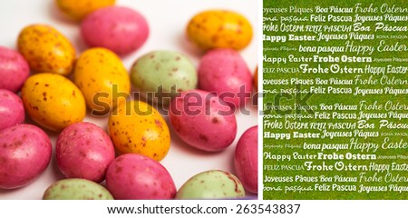 Happy easter in different languages against green background