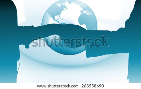 Close up of a business people closing a deal against planet on grey abstract background