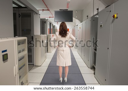 Businesswoman standing back to camera against data center