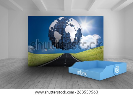 Blue inbox against room with futuristic picture of earth