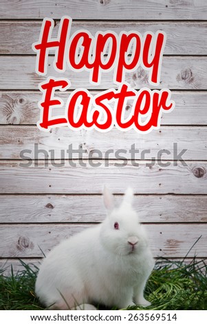 happy easter against fluffy white bunny rabbit sitting on grass