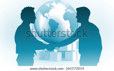 Smiling young businessmen shaking hands in office against planet on grey background with cubes