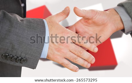 Two people going to shake their hands against red tile pattern