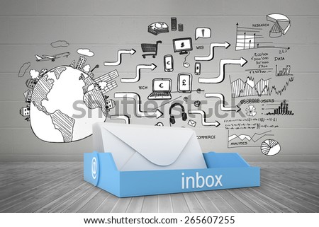 Blue inbox against black white graphic in room with floorboards